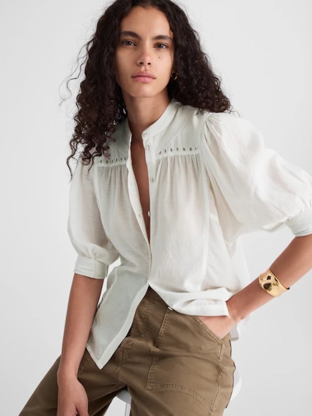 MADEWELL Puff-Sleeve Band-Collar Shirt - size 14